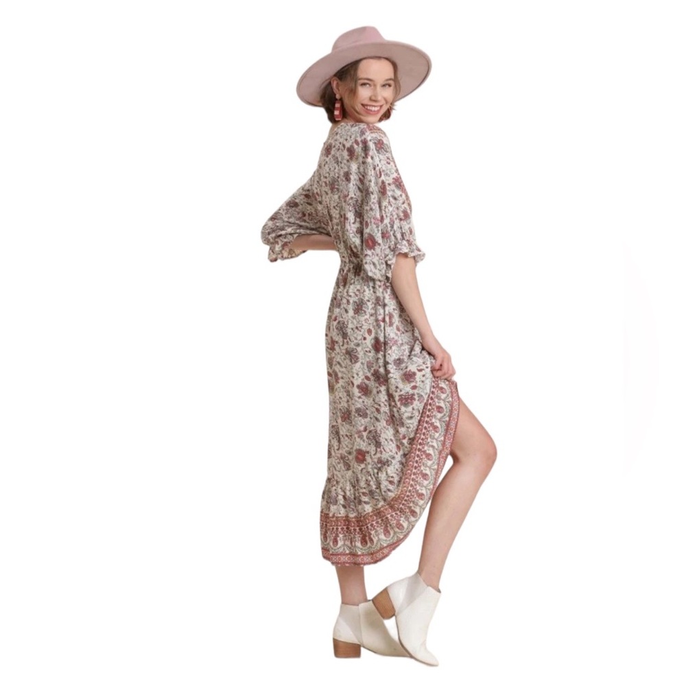 UMGEE | Cream Paisley Gathered-Waist Hi-Low Dress Size Large EUC - Picture 3 of 8